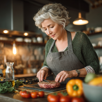 Літній чоловік готує здорову страву на кухні